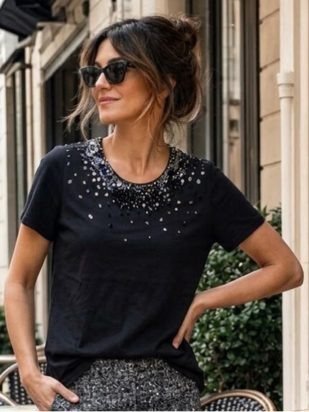 3.1 PHILLIP LIM $350 • 17.5” PTP / XS • Tulip Hem Top, Beaded Crystal Neckline